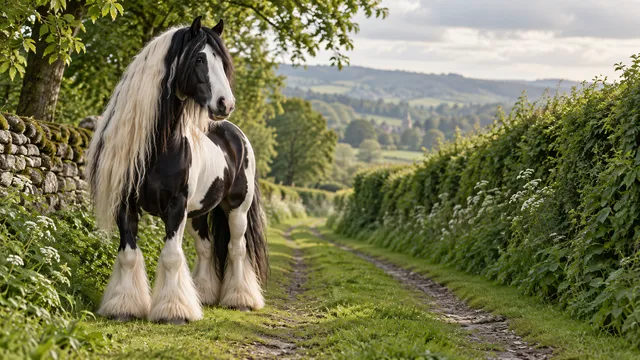 4K A gorgeous 16:9 widescreen desktop wallpaper of a Gypsy Vanner companion horse in a peaceful outdoor setting.