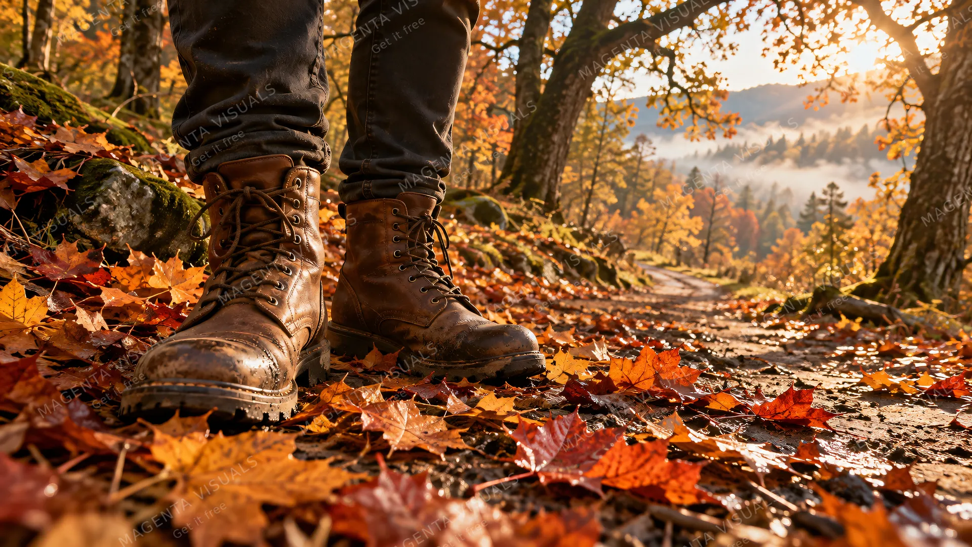 4K A 16:9 photoreal photograph of worn brown leather boots standing on a winding dirt path covered in vibrant orange and red fallen maple leaves during a crisp autumn morning.