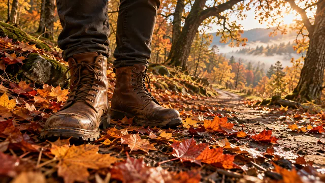 4K A 16:9 photoreal photograph of worn brown leather boots standing on a winding dirt path covered in vibrant orange and red fallen maple leaves during a crisp autumn morning.