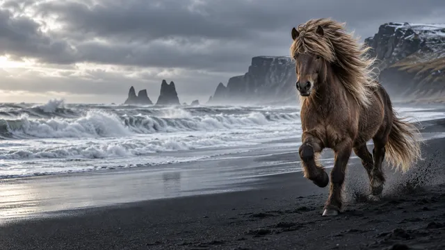 4K A stunning 16:9 widescreen desktop wallpaper featuring a thick-maned Icelandic Horse in action, performing a fast tölt along a black-sand beach on the right, left empty Atlantic w…