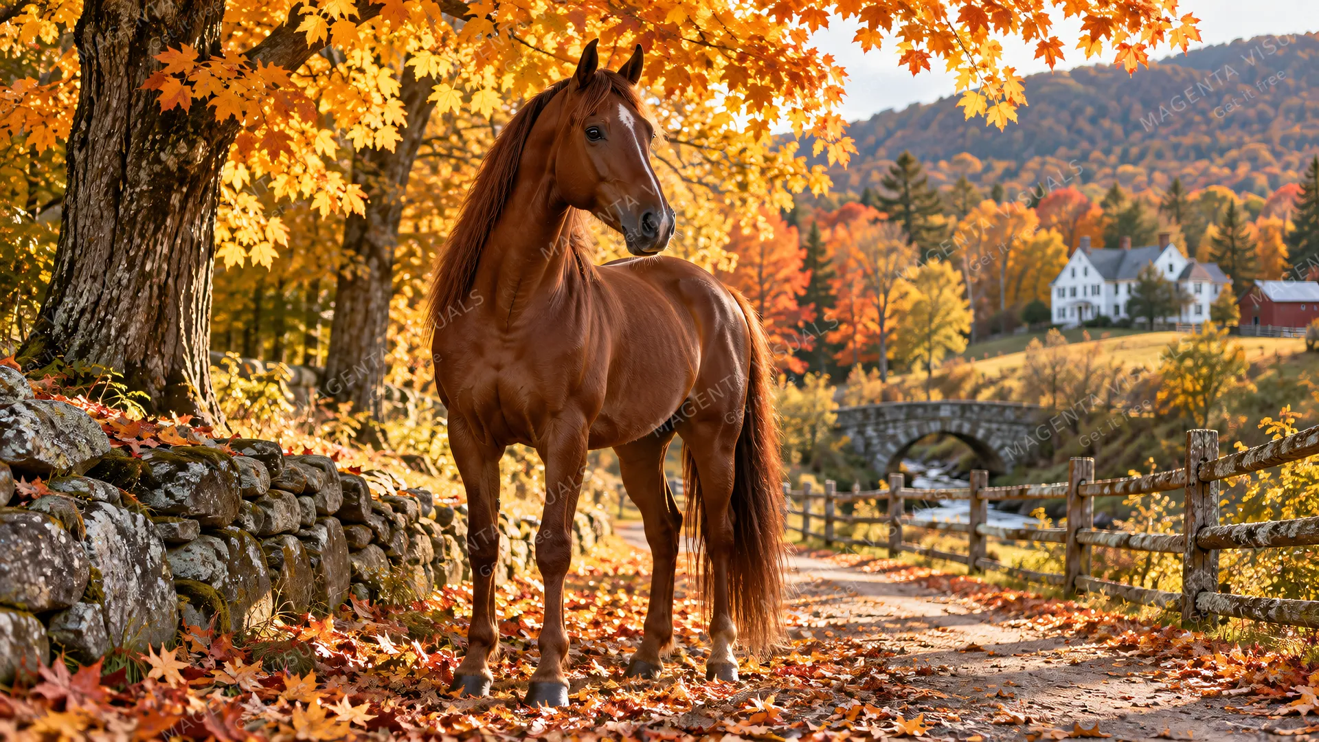 4K 16:9 widescreen desktop wallpaper, photoreal photograph of a beautiful chestnut Morgan horse standing with quiet pride under maple gold foliage along a rustic New England lane.