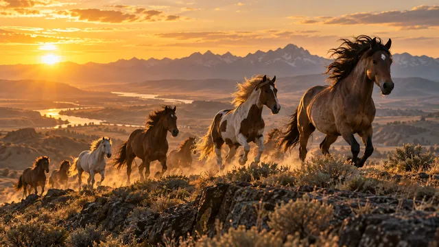 4K 16:9 widescreen desktop wallpaper, photoreal photograph of a wild Mustang in action.