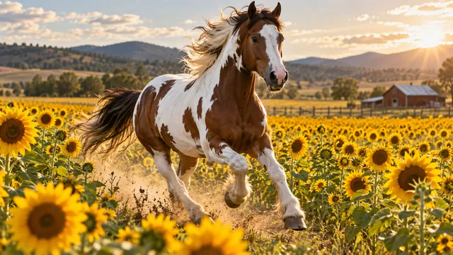 4K 16:9 widescreen desktop wallpaper, photoreal photograph of a beautiful overo splash Paint Horse in action, galloping energetically through a vibrant field of golden sunflowers, cr…
