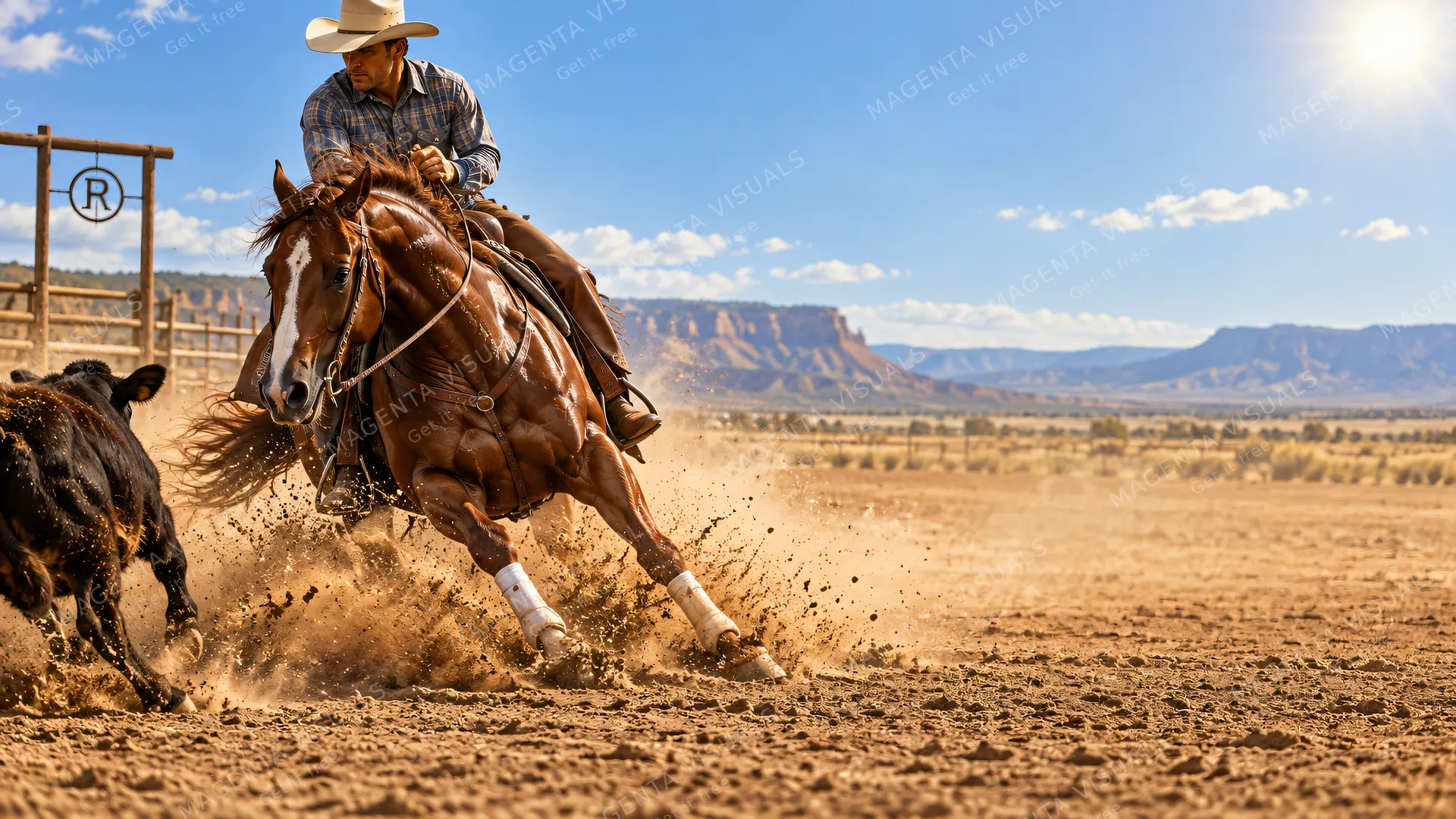 4K 16:9 widescreen desktop wallpaper of a majestic Quarter Horse in action, intensely focused on cutting a calf-shaped shadow on the left ranch.
