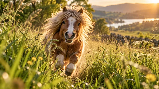 4K 16:9 widescreen desktop wallpaper, cute pet photo of a Shetland Pony in action, tiny pony barreling through tall grass, only ears and joy visible, dappled sunlight streaming throu…