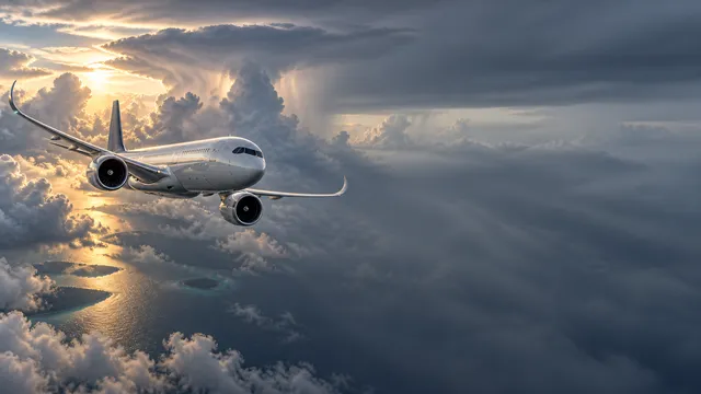 4K wallpaper of An awe-inspiring 16:9 widescreen desktop wallpaper capturing an Airbus A330neo navigating the edge of a tropical monsoon over the Indian Ocean.