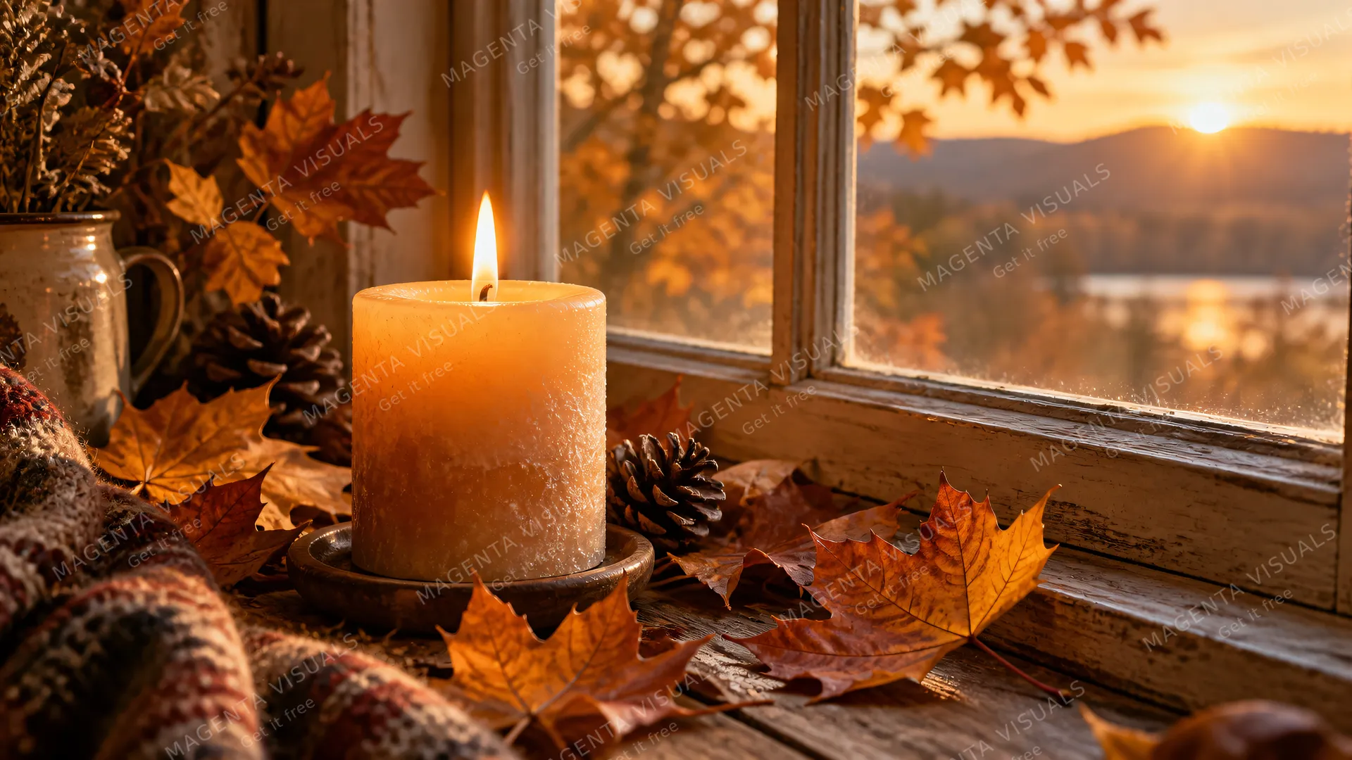 4K 16:9 photoreal photograph of a thick, flickering pillar candle resting on a weathered wooden windowsill, surrounded by scattered, crisp amber maple leaves and rustic pinecones.