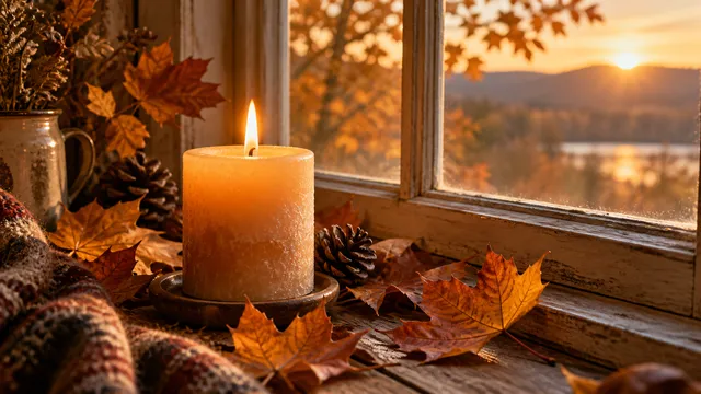 4K 16:9 photoreal photograph of a thick, flickering pillar candle resting on a weathered wooden windowsill, surrounded by scattered, crisp amber maple leaves and rustic pinecones.