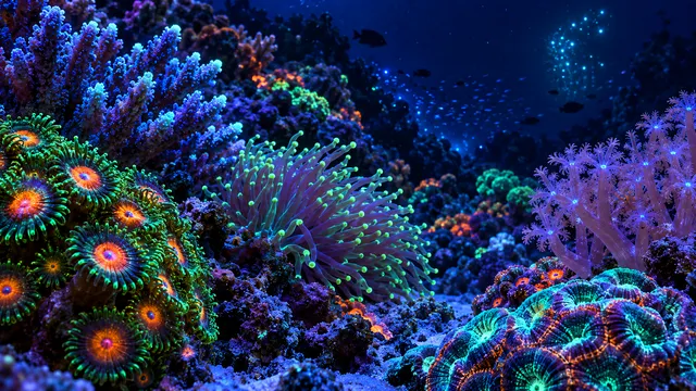 4K Macro underwater panorama of vibrant fluorescent hard and soft coral reef polyps at night under blue UV actinic light, 16:9 widescreen cinematic photograph shot on RED Digital Cin…