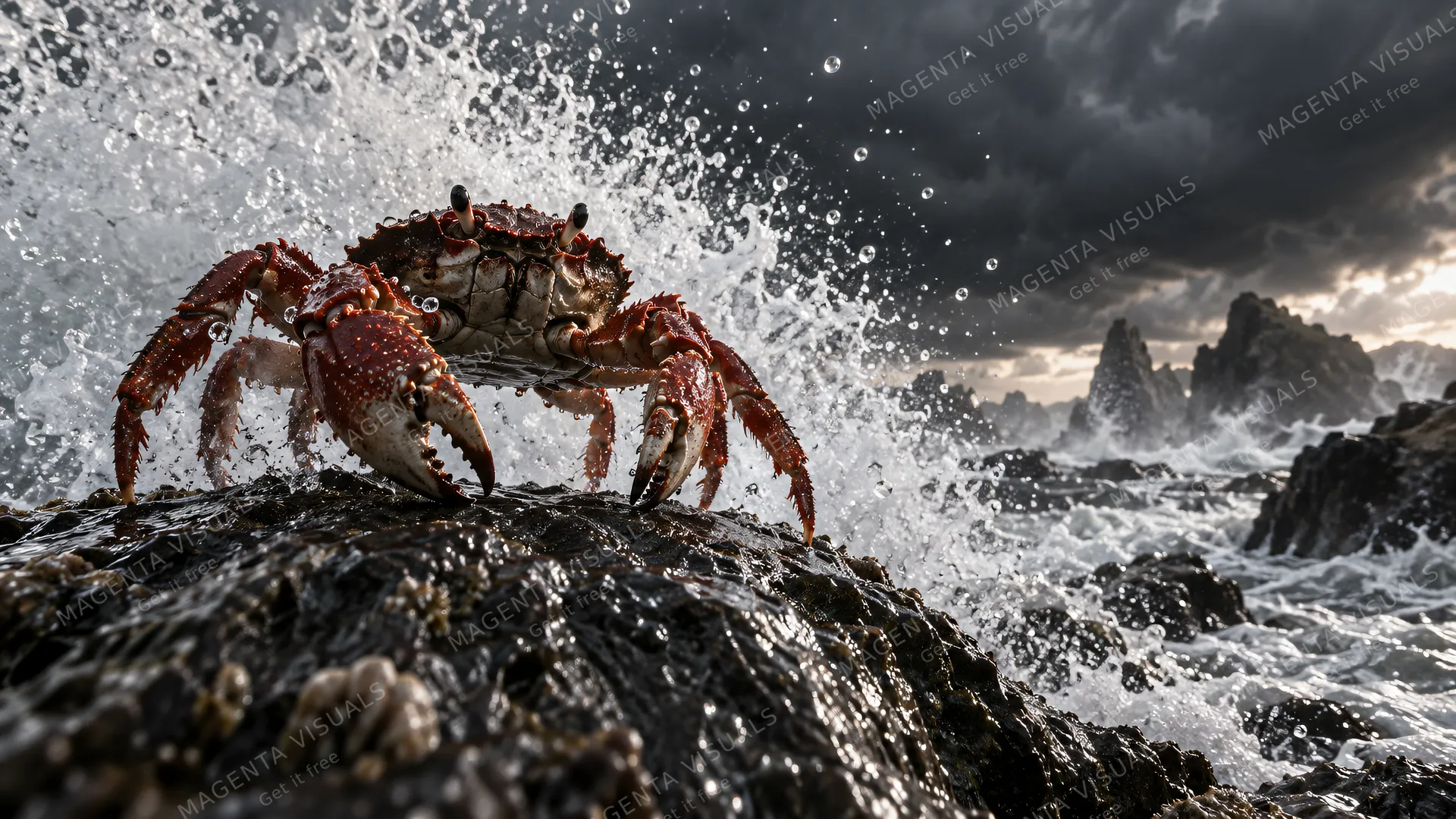 4K Extreme low-angle dramatic beach photograph of a red rock crab standing defiantly on a wet coastal boulder as huge sea spray crashes behind it during an approaching storm, dark mo…