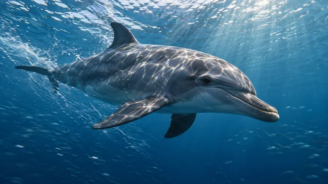 4K 16:9 widescreen cinematic photograph shot on RED Digital Cinema Camera, dynamic tracking underwater wide-angle shot of a wild dolphin gliding effortlessly through sunlit open pela…