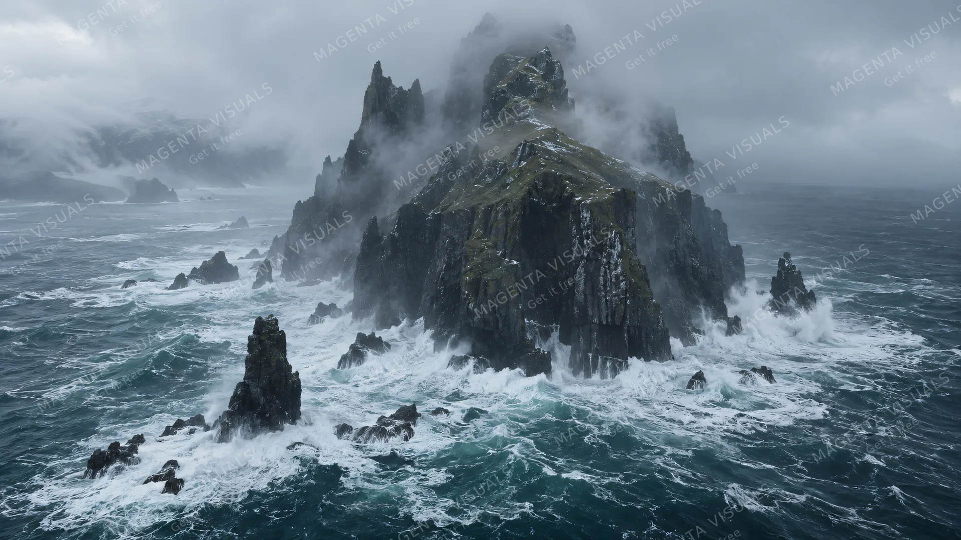 4K A 16:9 widescreen cinematic aerial establishing shot of a jagged volcanic sea stack island shrouded in dense coastal fog and violent crashing North Atlantic surf, desolate cinemat…