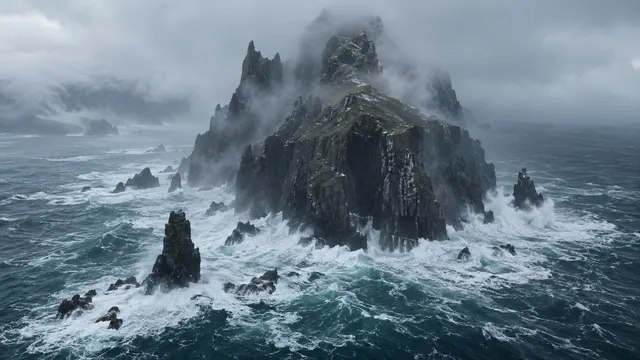 4K A 16:9 widescreen cinematic aerial establishing shot of a jagged volcanic sea stack island shrouded in dense coastal fog and violent crashing North Atlantic surf, desolate cinemat…