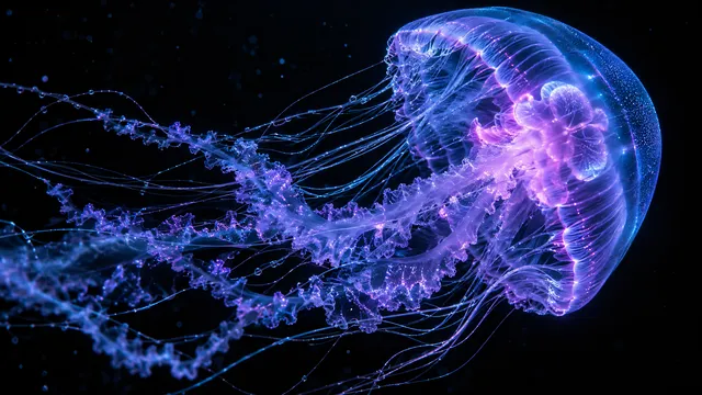 4K 16:9 widescreen cinematic photograph shot on RED Digital Cinema Camera capturing an ethereal underwater macro of a translucent deep-sea jellyfish pulsing with neon bioluminescent…