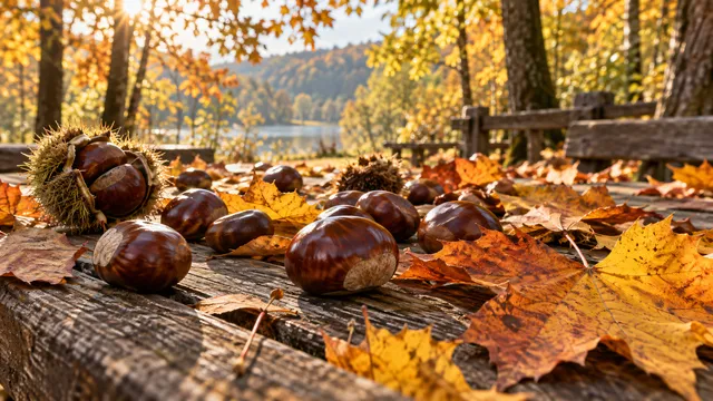 4K 16:9 photoreal photograph of smooth brown chestnuts scattered on a rustic wooden picnic table covered in crisp fallen orange and yellow maple leaves, autumn season, soft natural m…