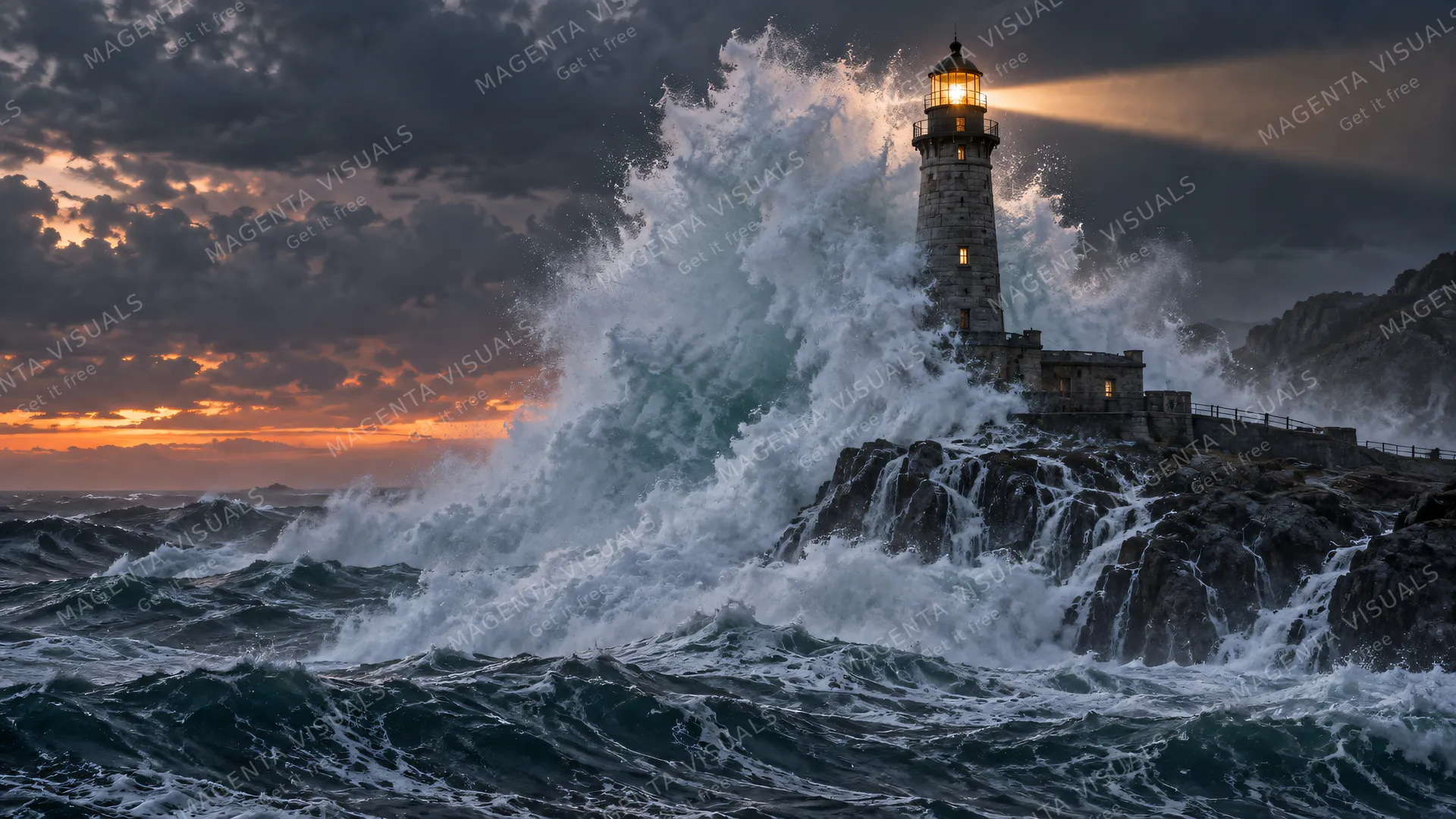 4K 16:9 widescreen cinematic telephoto storm photograph of a historic granite lighthouse perched on a desolate wave-battered headland at twilight, a colossal 40-foot ocean wave explo…