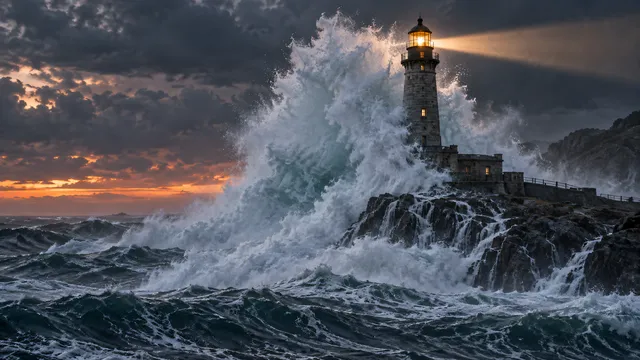 4K 16:9 widescreen cinematic telephoto storm photograph of a historic granite lighthouse perched on a desolate wave-battered headland at twilight, a colossal 40-foot ocean wave explo…