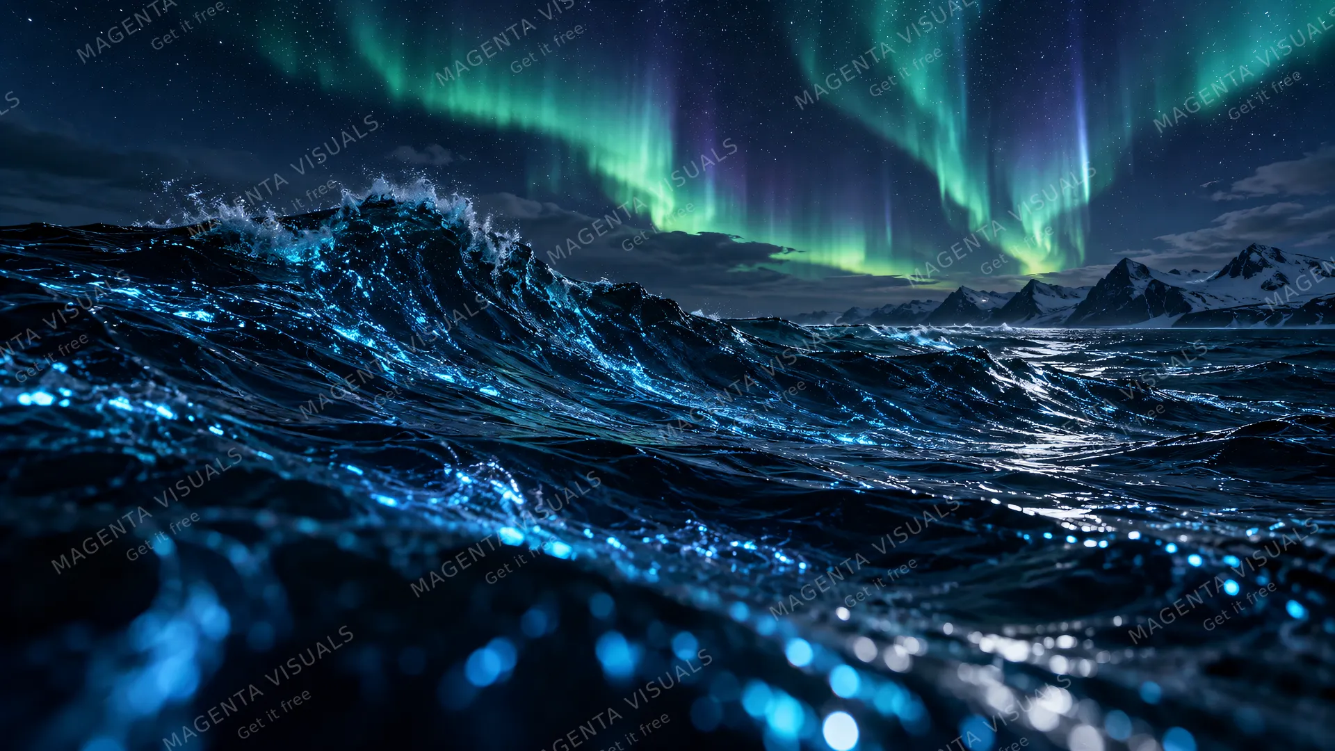 4K 16:9 widescreen cinematic photograph shot on RED Digital Cinema Camera capturing a deep open ocean swell at midnight under a vibrant Arctic Aurora Borealis.