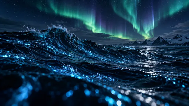 4K 16:9 widescreen cinematic photograph shot on RED Digital Cinema Camera capturing a deep open ocean swell at midnight under a vibrant Arctic Aurora Borealis.