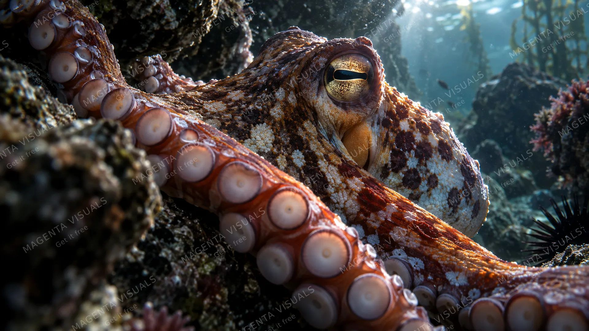 4K An intimate underwater 16:9 widescreen cinematic close-up of a common octopus shifting its skin texture and vivid chromatophore pigments while moving across dark rocky reef crevic…