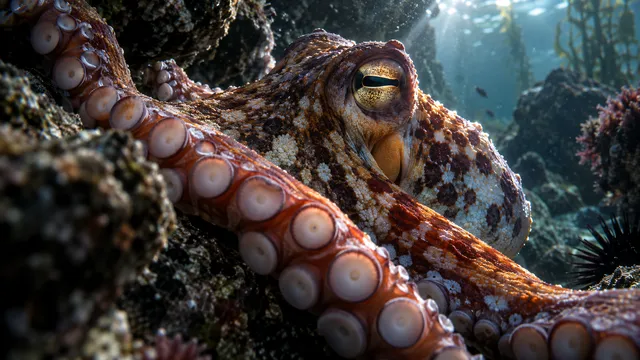 4K An intimate underwater 16:9 widescreen cinematic close-up of a common octopus shifting its skin texture and vivid chromatophore pigments while moving across dark rocky reef crevic…