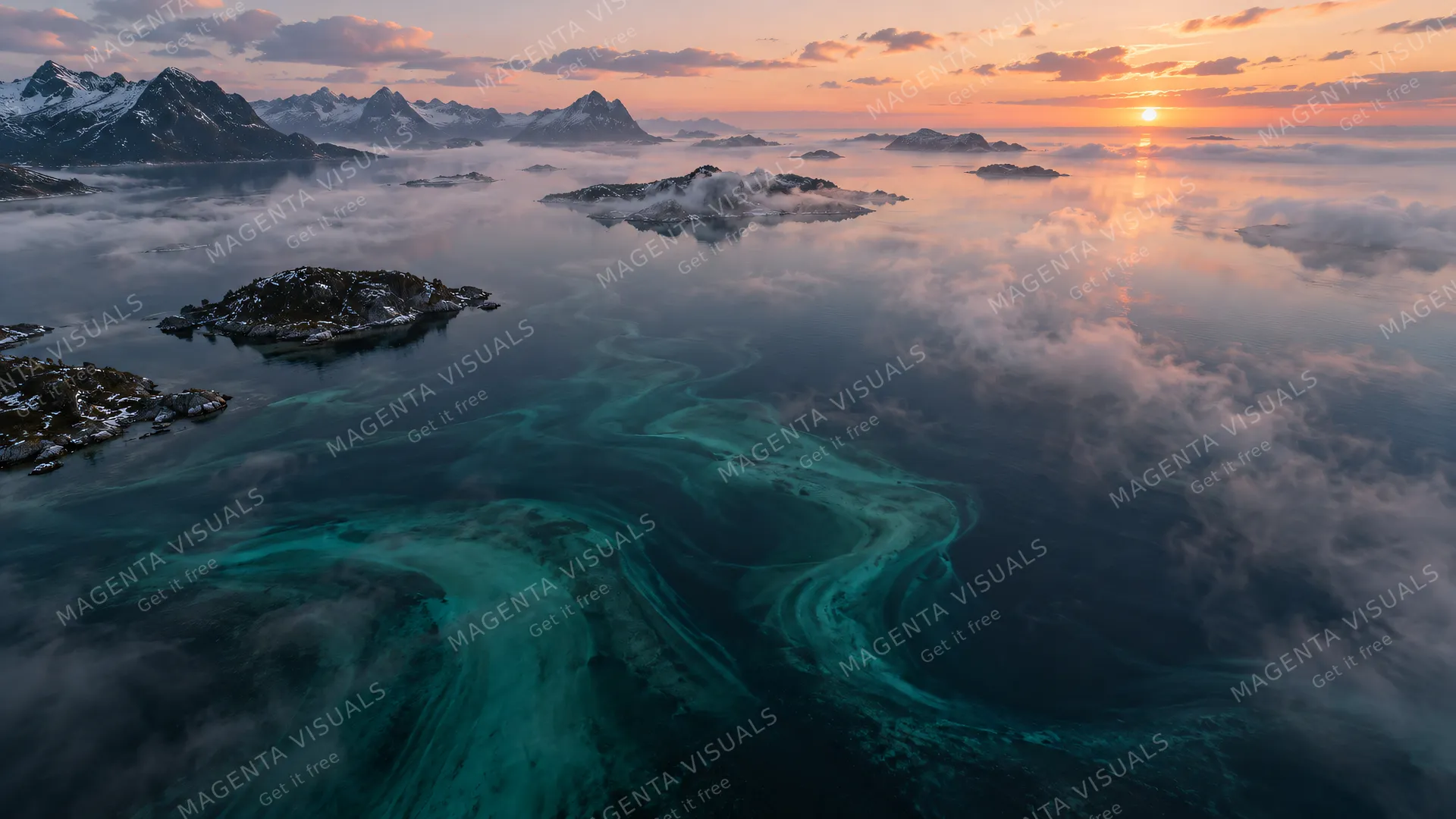 4K High-angle aerial drone shot at dawn over a glassy, calm misty Norwegian sea, 16:9 widescreen cinematic photograph shot on RED Digital Cinema Camera.