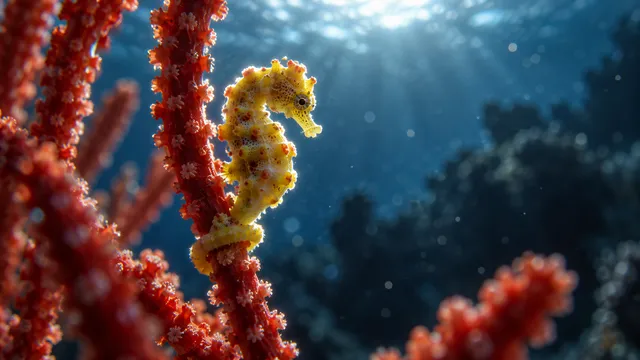 4K 16:9 widescreen cinematic photograph shot on RED Digital Cinema Camera, delicate macro underwater portrait of a yellow pygmy seahorse anchored by its tail to a scarlet gorgonian s…