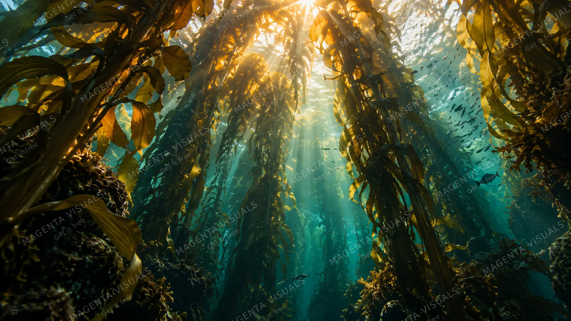 4K 16:9 widescreen cinematic photograph shot on RED Digital Cinema Camera, underwater tilt-up shot through a towering giant kelp and seaweed forest cathedral, golden sunbeams piercin…