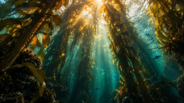 4K 16:9 widescreen cinematic photograph shot on RED Digital Cinema Camera, underwater tilt-up shot through a towering giant kelp and seaweed forest cathedral, golden sunbeams piercin…