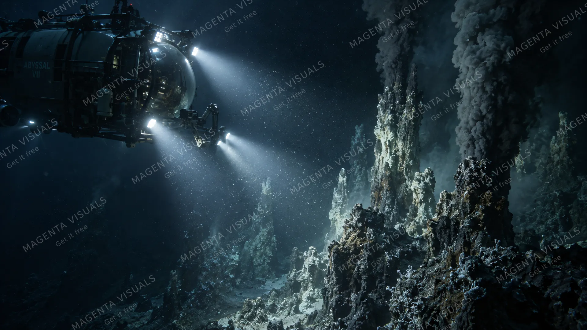 4K Murky atmospheric underwater 16:9 widescreen cinematic photograph shot on RED Digital Cinema Camera of a deep-sea exploration submersible descending into the midnight ocean trench…