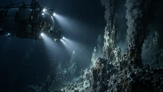 4K Murky atmospheric underwater 16:9 widescreen cinematic photograph shot on RED Digital Cinema Camera of a deep-sea exploration submersible descending into the midnight ocean trench…