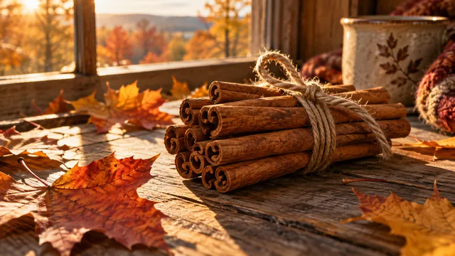 4K 16:9 photoreal photograph of cinnamon sticks bundled together with a rustic twine string, resting on a weathered wooden table scattered with crisp fallen maple leaves in warm oran…