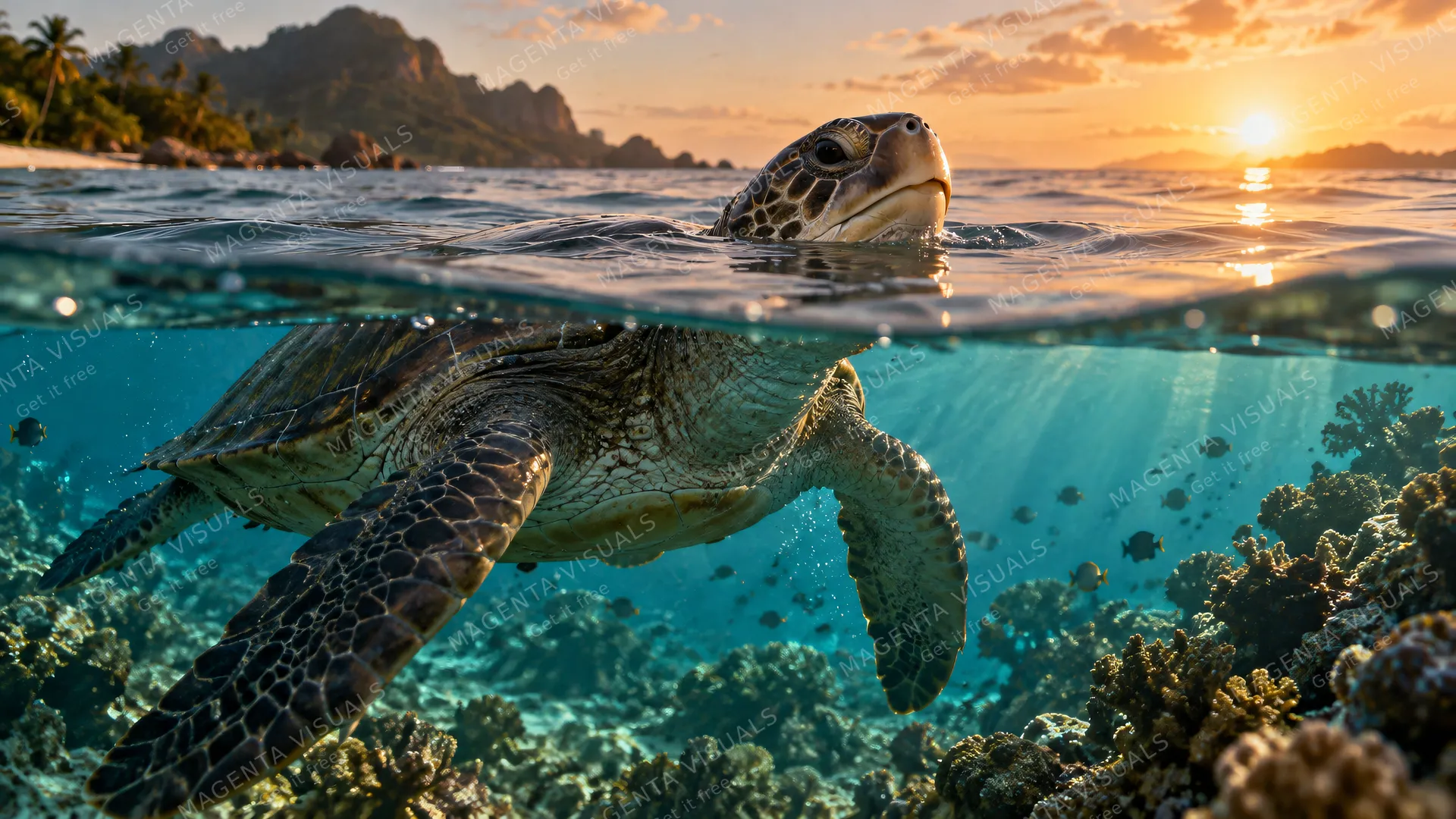 4K 16:9 widescreen cinematic photograph shot on RED Digital Cinema Camera featuring a split-level waterline cinema shot of an ancient sea turtle breaking the glass-like water surface…
