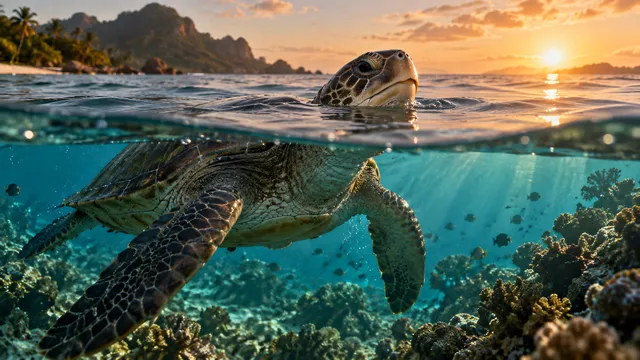 4K 16:9 widescreen cinematic photograph shot on RED Digital Cinema Camera featuring a split-level waterline cinema shot of an ancient sea turtle breaking the glass-like water surface…