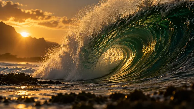 4K Heavy barrel wave breaking over shallow reef at late golden hour, extreme telephoto perspective, back-lit crystalline water droplets suspended in mid-air, deep emerald and amber t…