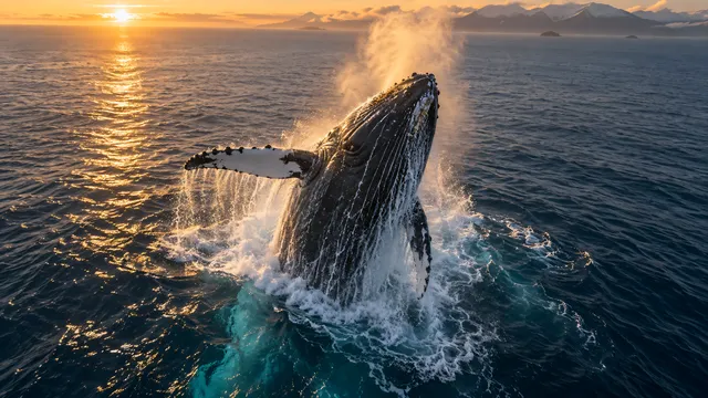 4K 16:9 widescreen cinematic aerial overhead drone photograph shot on RED Digital Cinema Camera tracking a colossal humpback whale breaching through a calm ocean surface.
