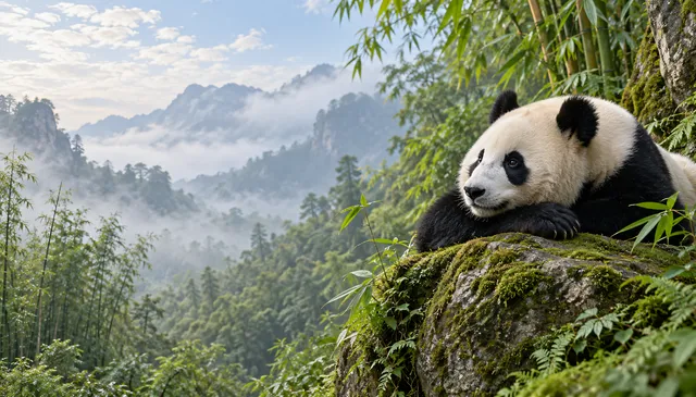 4K wallpaper of Classic 16:9 widescreen desktop wallpaper of Bao Bao the giant panda in a photoreal wildlife setting, gentle ambient daylight.