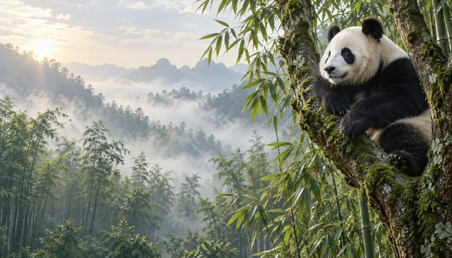 4K wallpaper of 16:9 widescreen classic desktop wallpaper of a photorealistic giant panda in its natural environment.