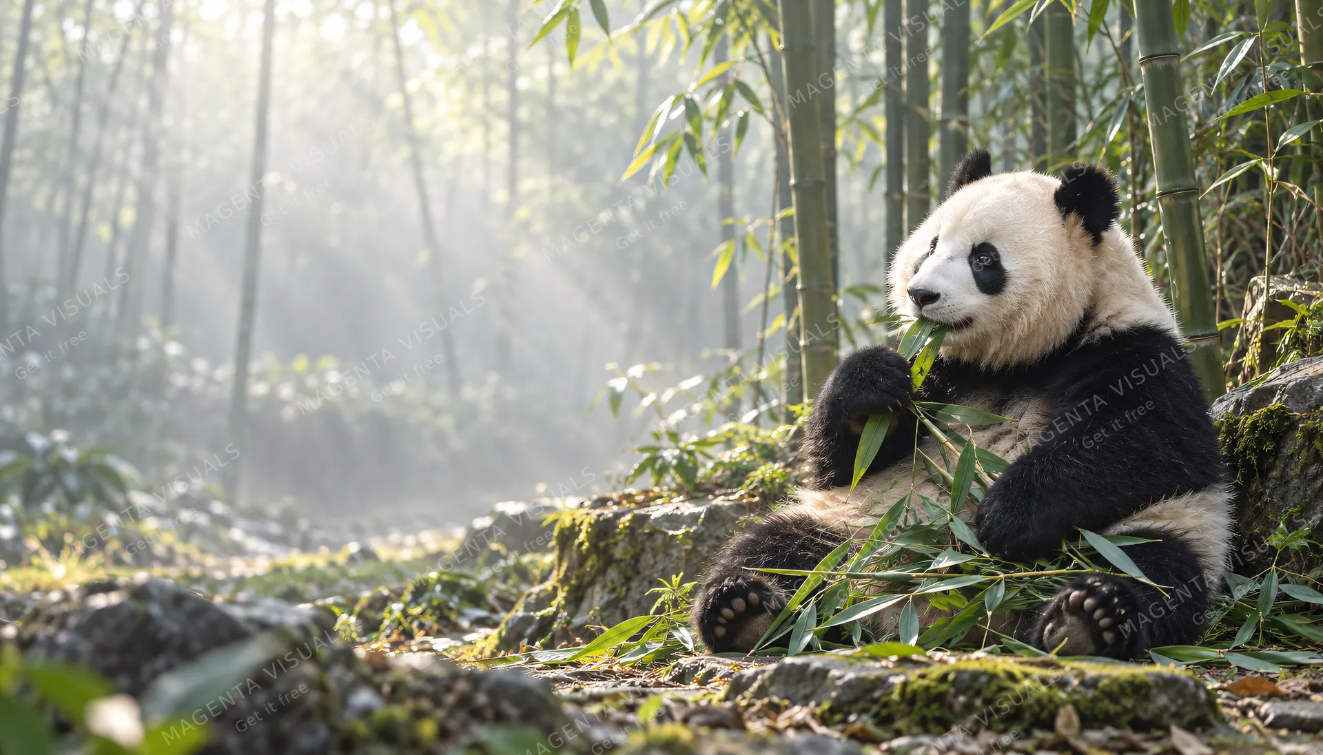 4K wallpaper of A classic 16:9 widescreen photorealistic wildlife desktop wallpaper capturing a serene morning in a hazy bamboo forest.