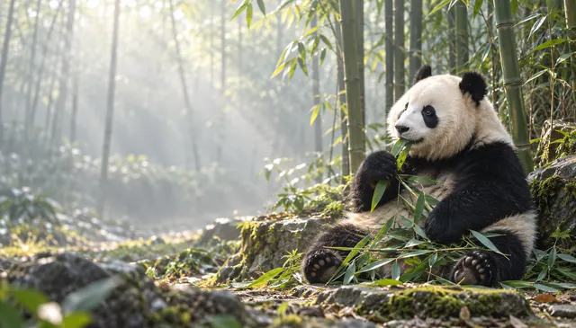 4K wallpaper of A classic 16:9 widescreen photorealistic wildlife desktop wallpaper capturing a serene morning in a hazy bamboo forest.