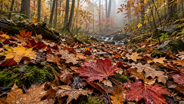 4K 16:9 photoreal photograph of vibrant fallen maple and oak leaves scattered across a damp forest floor during peak autumn season, illuminated by soft natural light filtering throug…