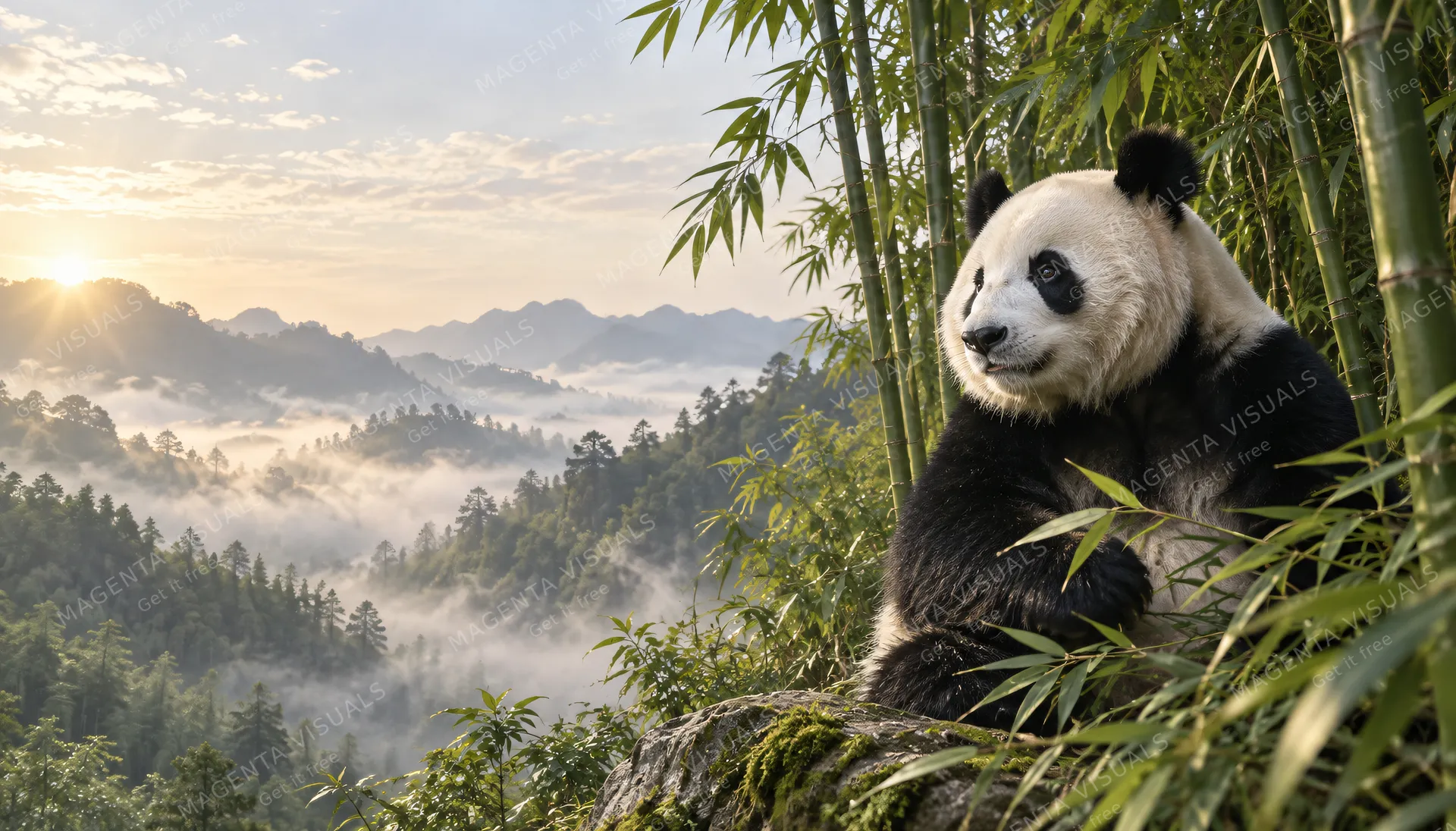 4K wallpaper of A classic 16:9 widescreen desktop wallpaper featuring photoreal wildlife photography of Long Hui the giant panda in cinematic morning daylight.