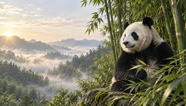 4K wallpaper of A classic 16:9 widescreen desktop wallpaper featuring photoreal wildlife photography of Long Hui the giant panda in cinematic morning daylight.