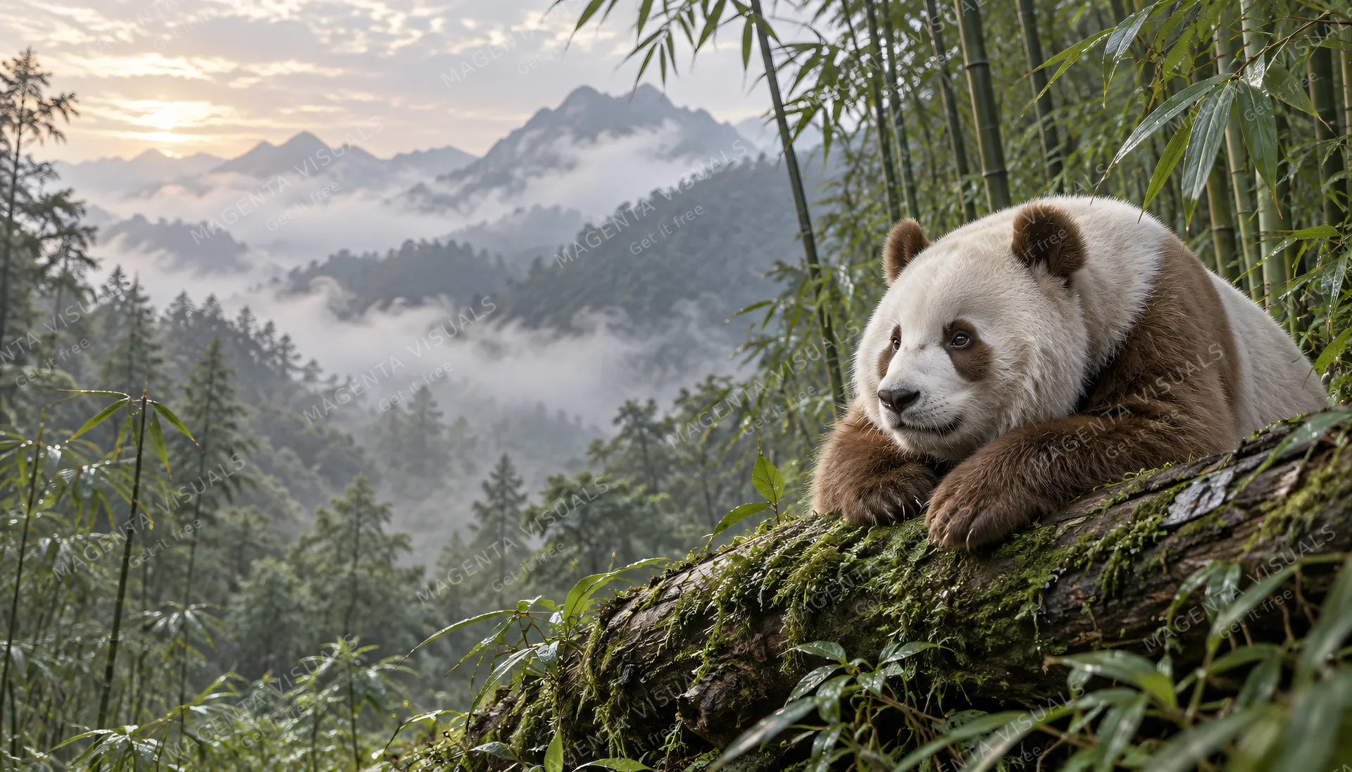 4K wallpaper of A photorealistic widescreen 16:9 wildlife wallpaper featuring the distinctive brown-and-white Qinling giant panda subspecies.