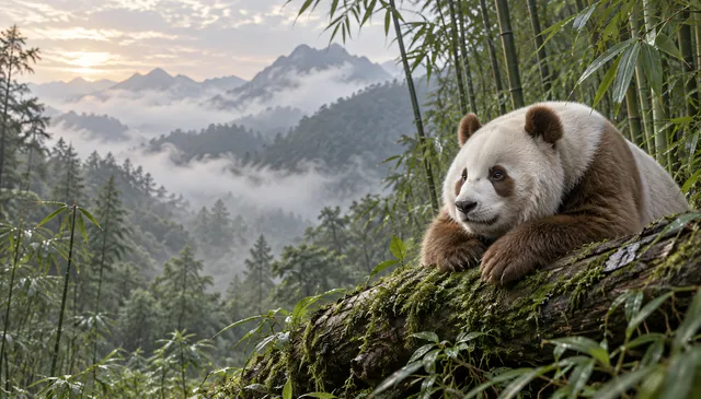 4K wallpaper of A photorealistic widescreen 16:9 wildlife wallpaper featuring the distinctive brown-and-white Qinling giant panda subspecies.