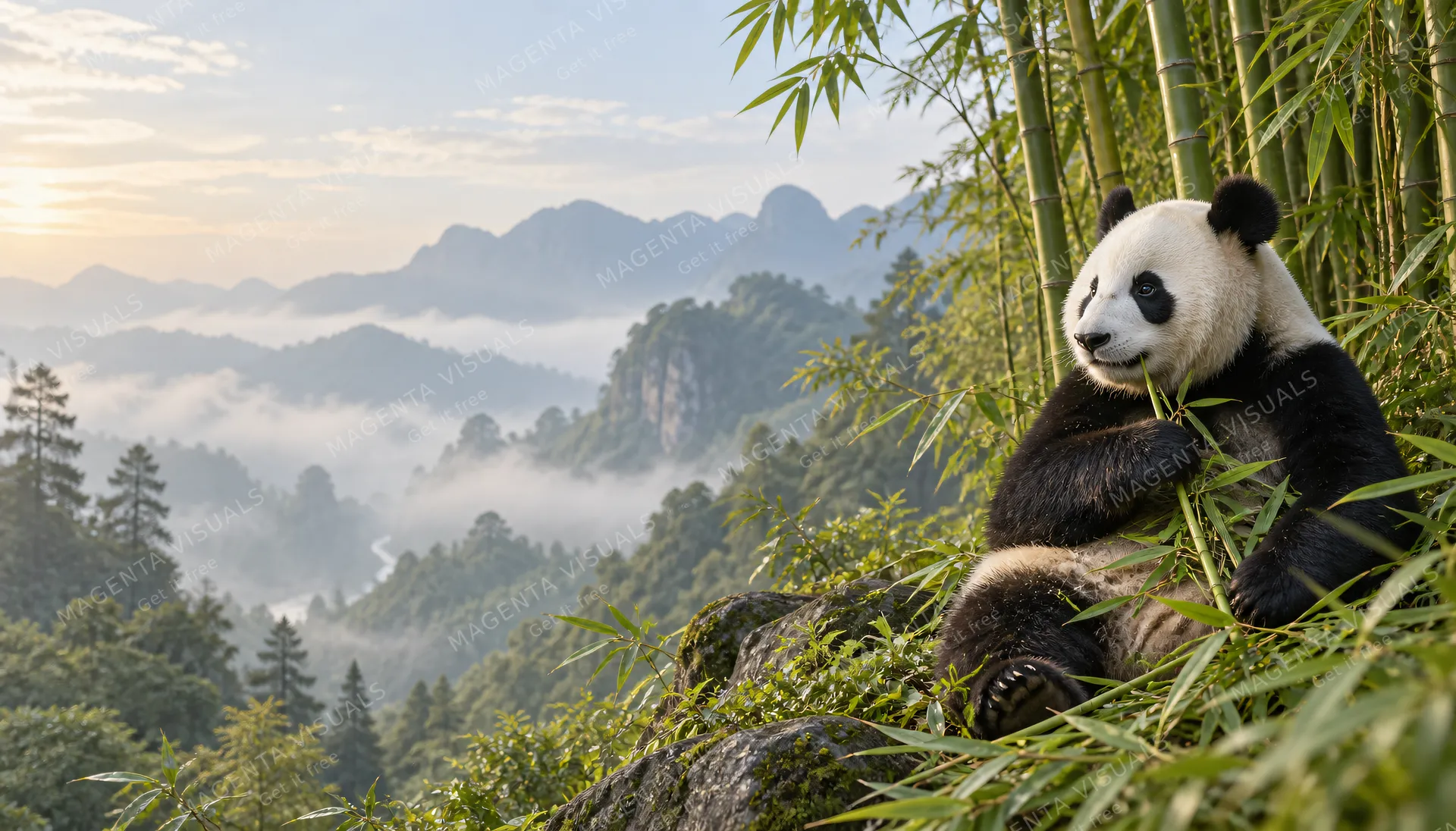 4K wallpaper of A classic 16:9 widescreen desktop wallpaper featuring photoreal wildlife, capturing Ri Ri the giant panda in a natural environment.