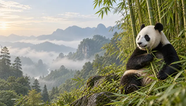 4K wallpaper of A classic 16:9 widescreen desktop wallpaper featuring photoreal wildlife, capturing Ri Ri the giant panda in a natural environment.