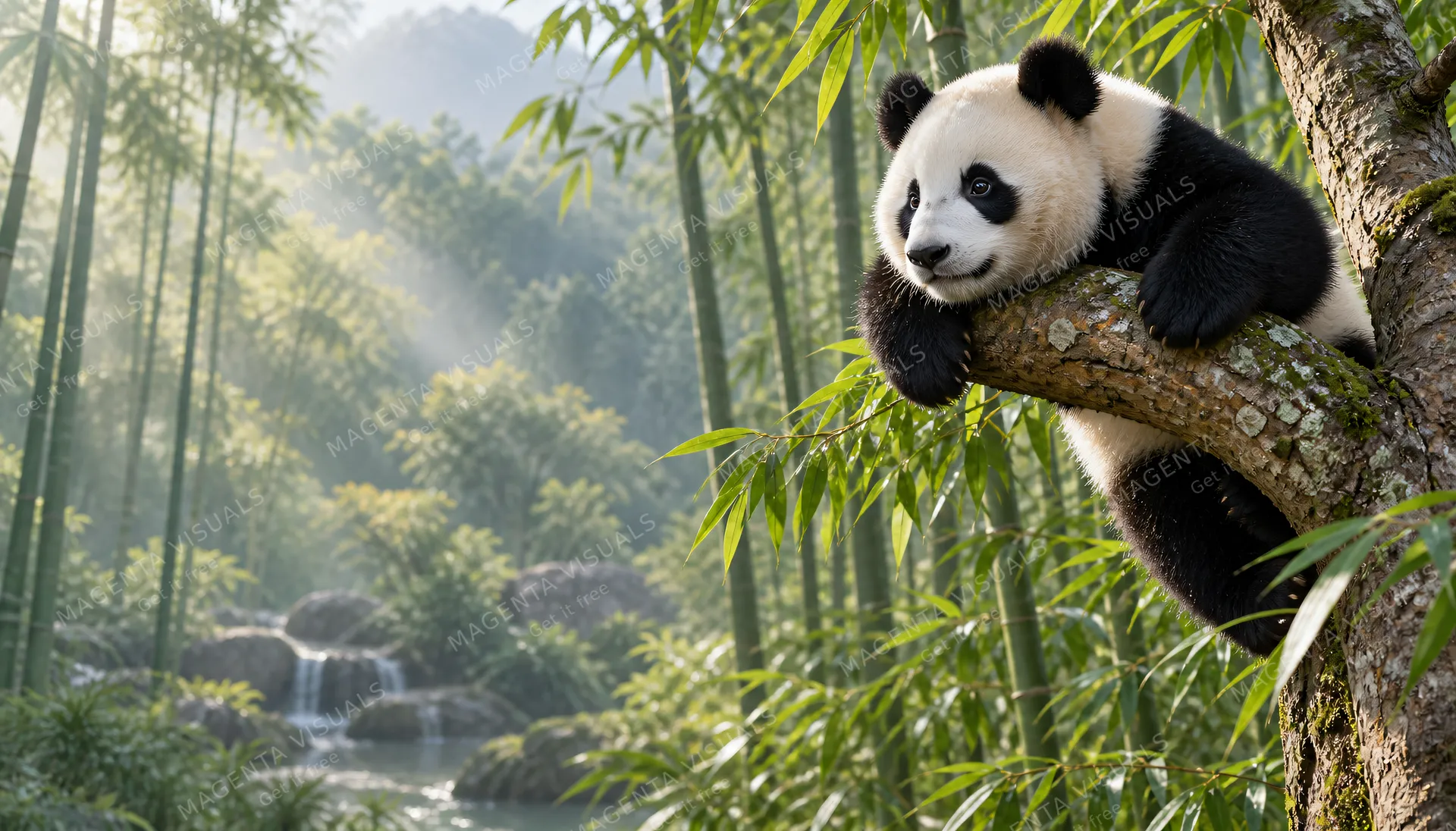 4K wallpaper of A photorealistic classic 16:9 widescreen desktop wallpaper of the giant panda Xiao Qi Ji playfully perching on an elevated tree limb in the right half of the frame.
