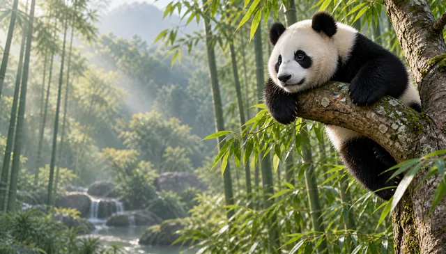4K wallpaper of A photorealistic classic 16:9 widescreen desktop wallpaper of the giant panda Xiao Qi Ji playfully perching on an elevated tree limb in the right half of the frame.