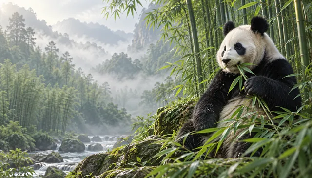 4K wallpaper of A cinematic, photorealistic 16:9 widescreen desktop wallpaper of the famous giant panda Ya Ya in her natural environment.